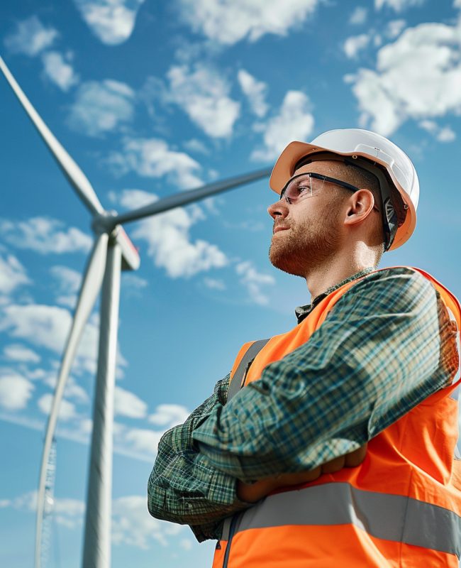 man-orange-vest-stands-front-wind-turbine